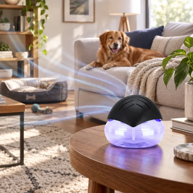 TwistaPure water air purifier on a living room table with a dog resting on the sofa